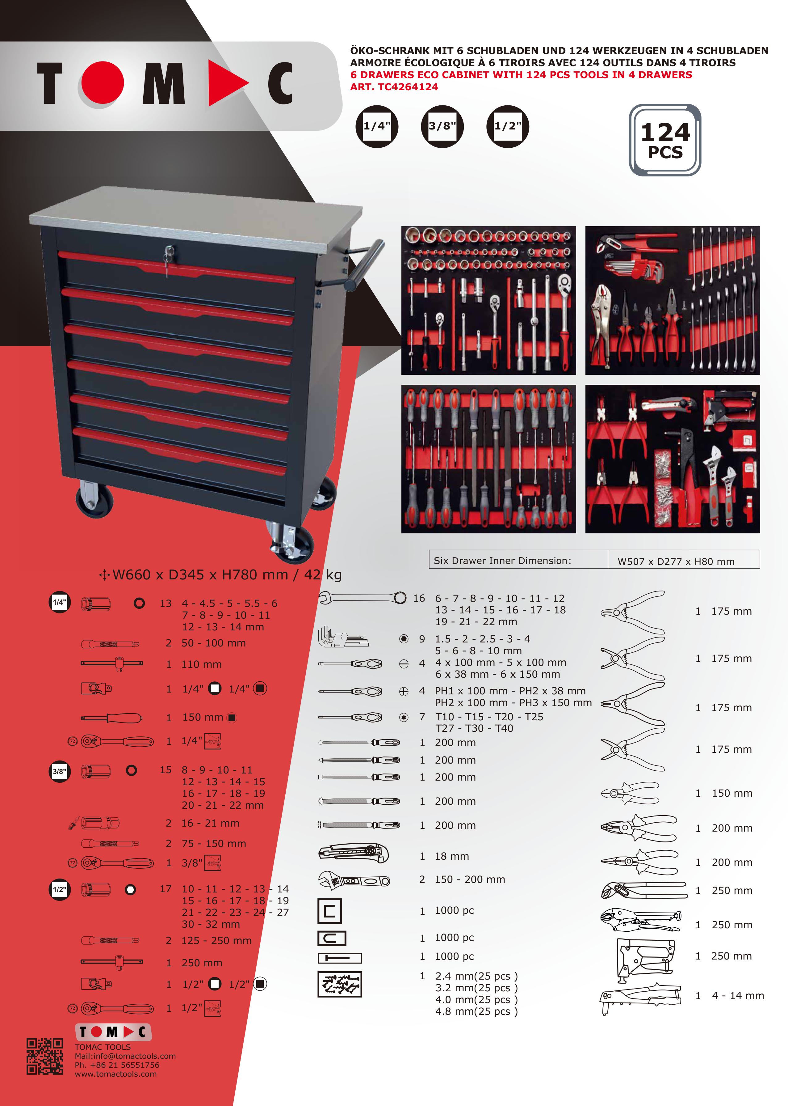 TC4264124 6 Drawers Eco Cabinet with 124pcs tools in 4 drawers manufacture