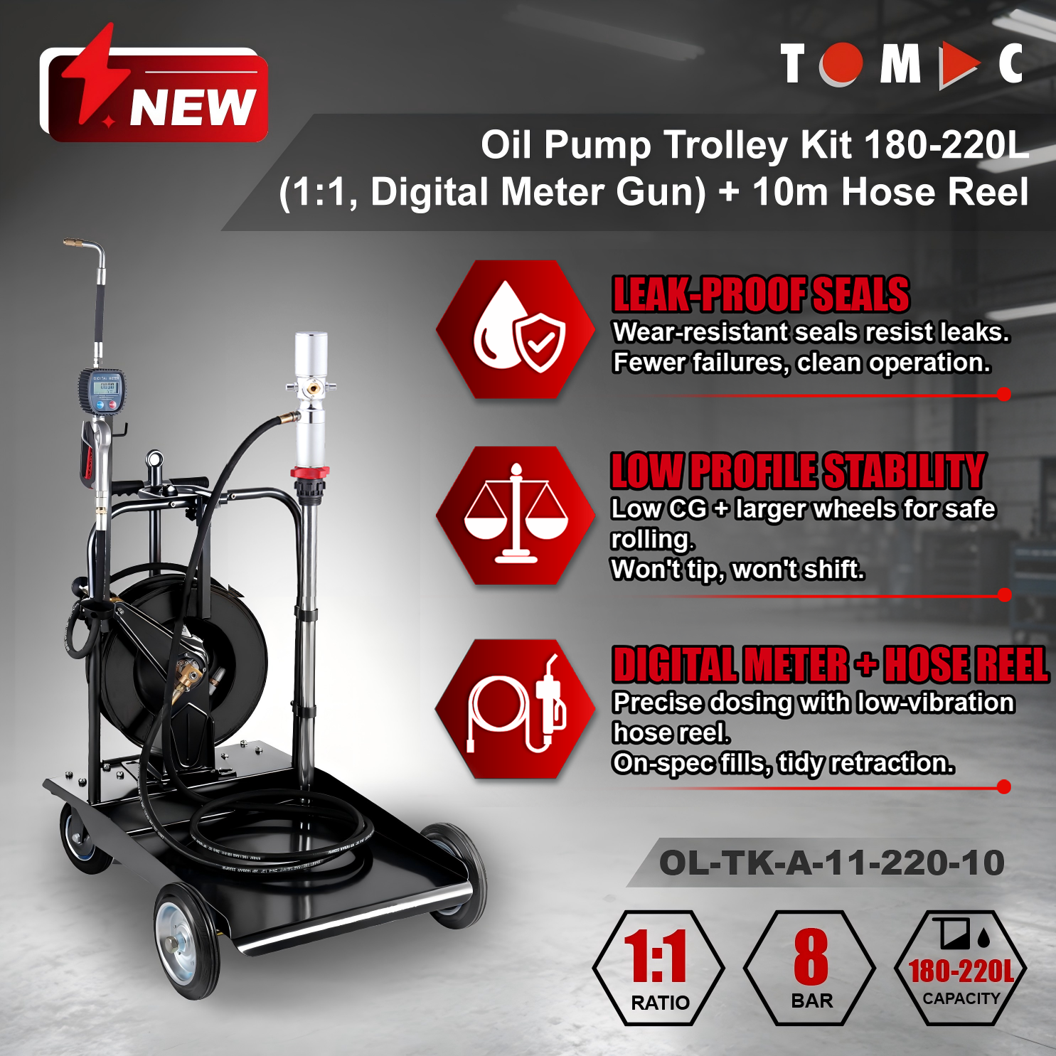 OL-TK-A-11-220-10 TOMAC 1:1 Pneumatic Oil Pump Trolley Kit for 180-220L Drums with 10M Hose Reel and Digital Meter Gun