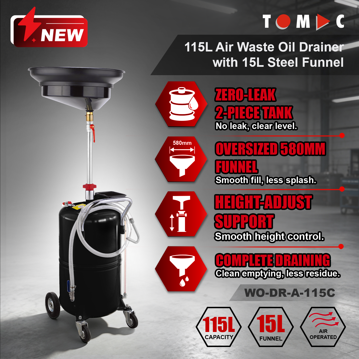WO-DR-A-115C TOMAC Air-Operated 115L Oil Drainer for Drums, and 15L Steel Funnel
