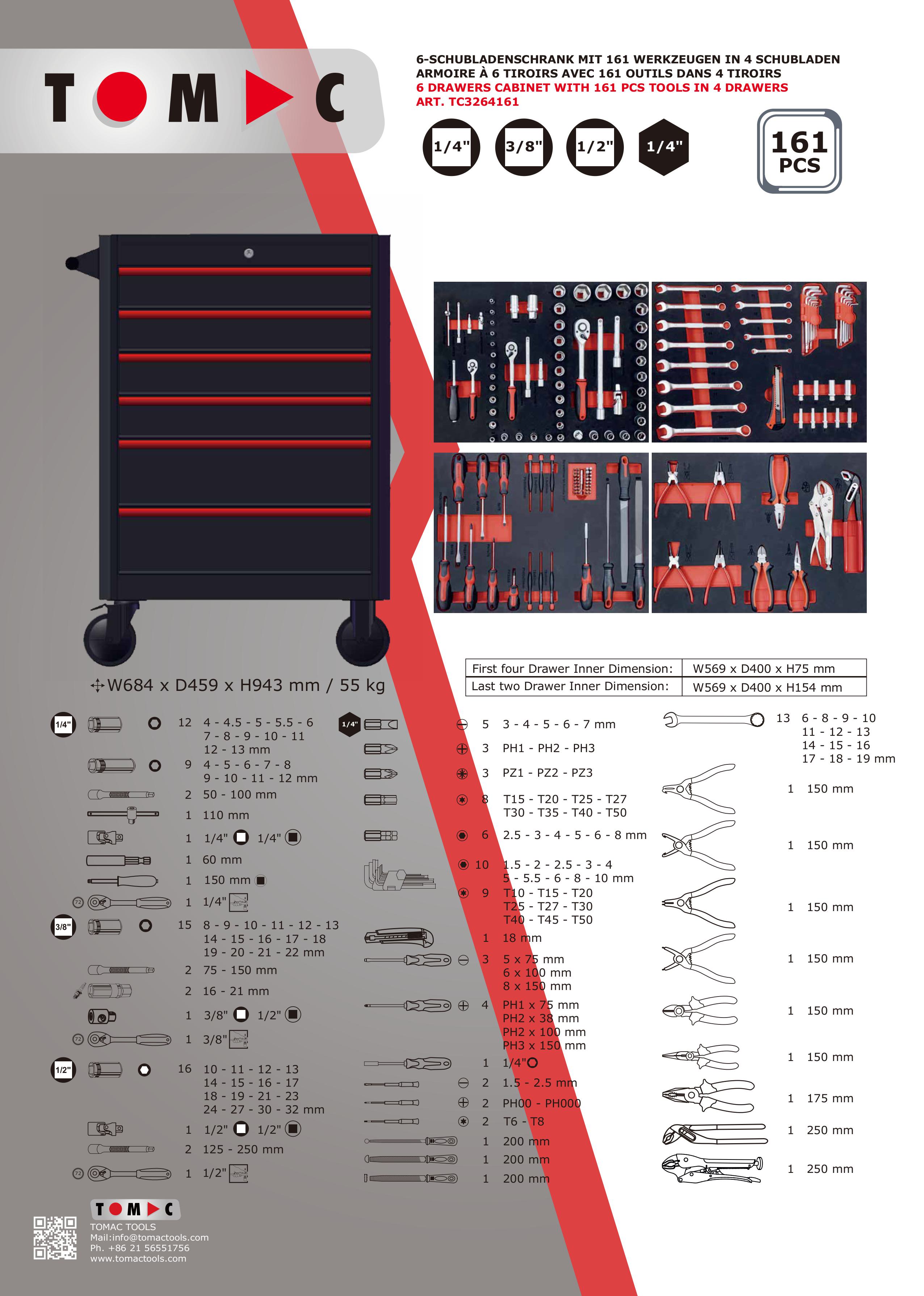 TC3264161 6 Drawers Cabinet with 161pcs tools in 4 drawers details