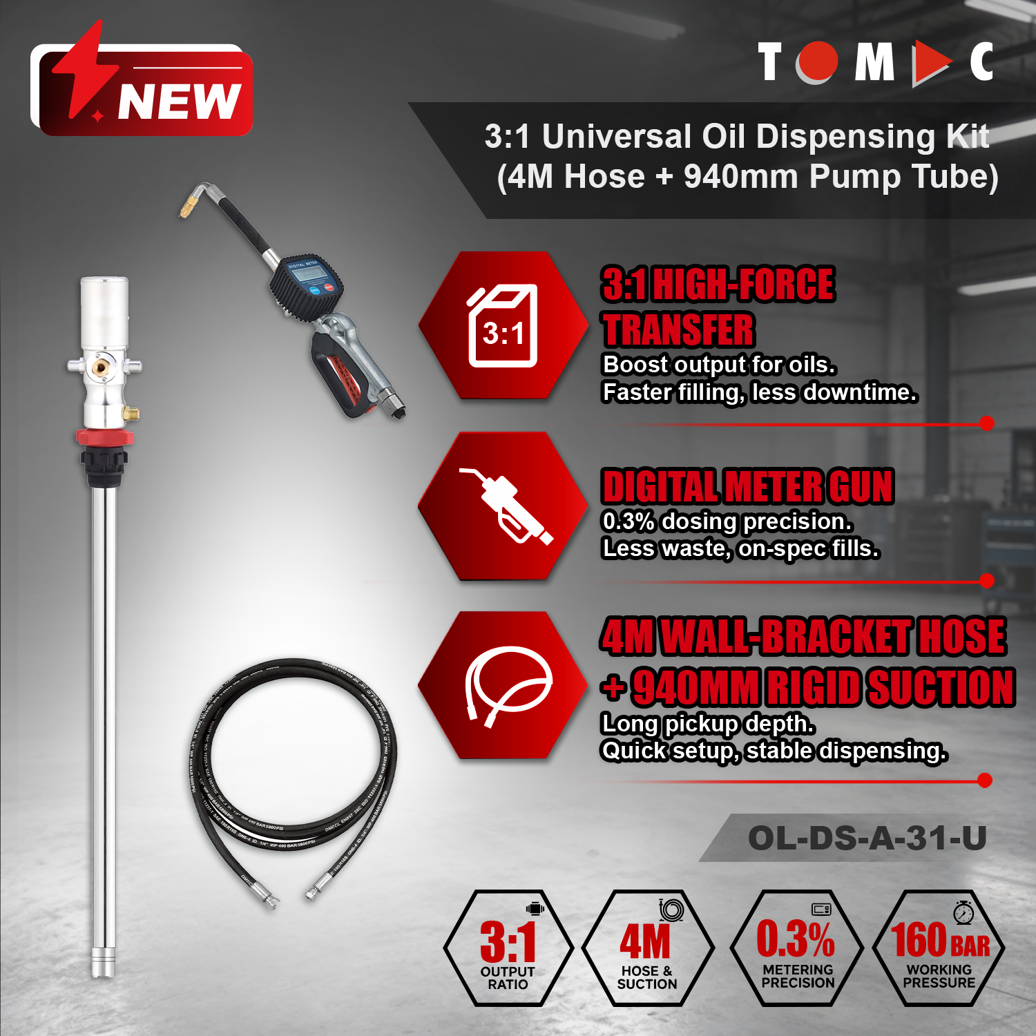 OL-DS-A-31-U TOMAC 3:1 Pneumatic Universal Oil Dispensing Kit with 4M Hose and Digital Meter Gun