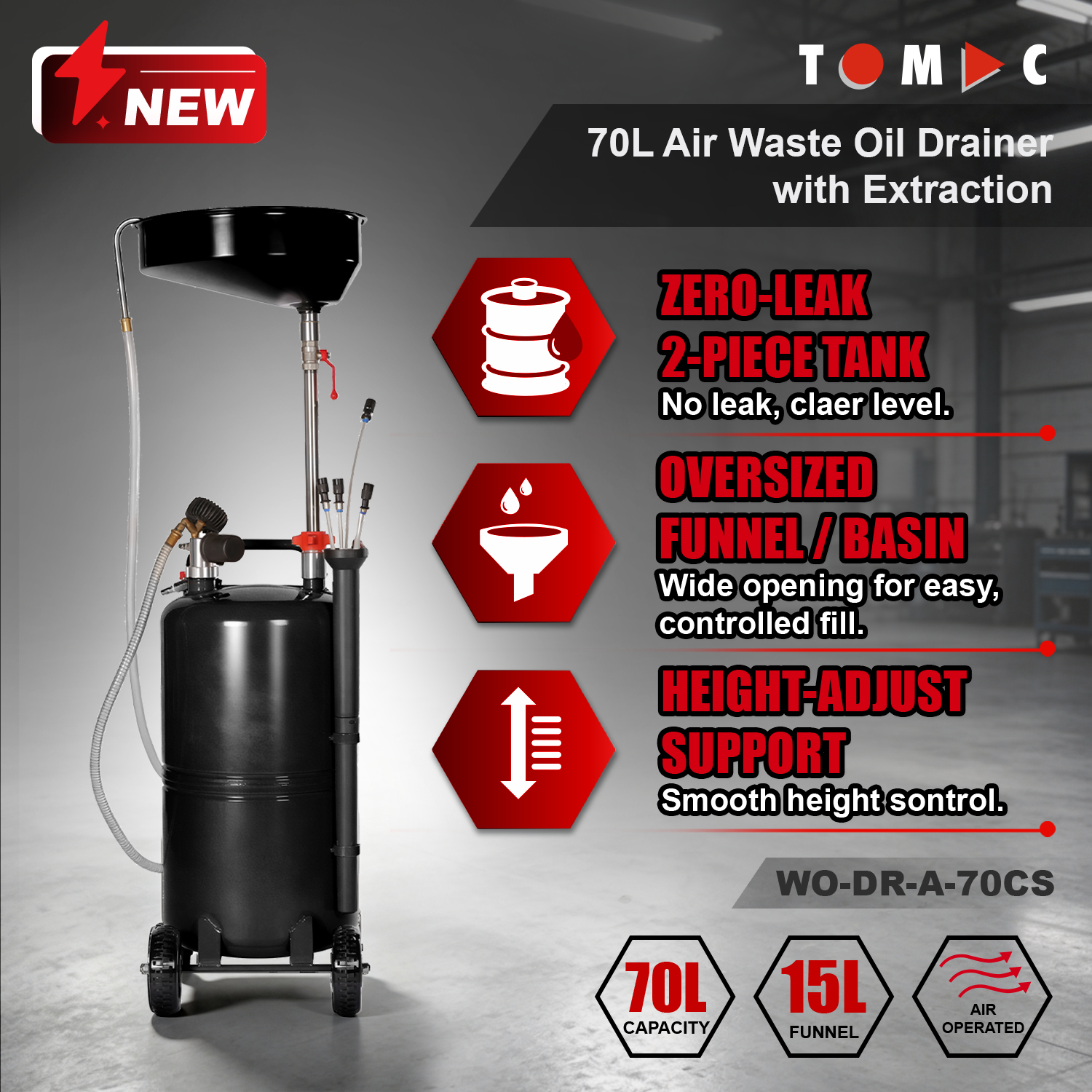 WO-DR-A-70CS TOMAC Air-Operated 70L Waste Oil Drainer with Extraction