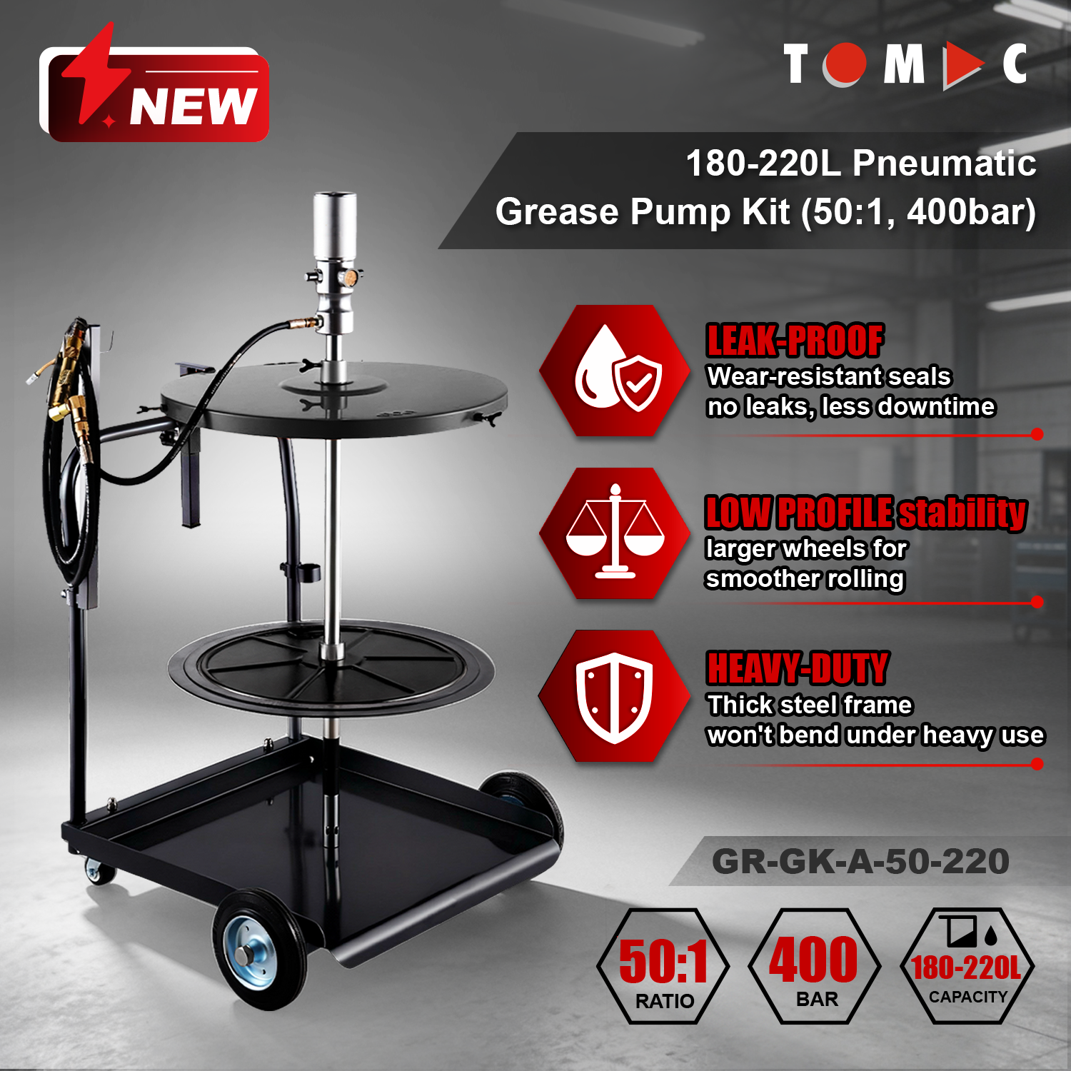GR-GK-A-50-220 TOMAC 180-220L Pneumatic Grease Pump Kit 50:1 400bar 1/4