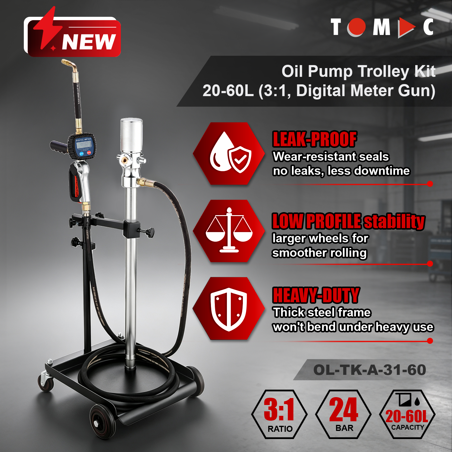 OL-TK-A-31-60 TOMAC 3:1 Pneumatic Oil Pump Trolley Kit for 20-60L Drums with 4M Hose and Digital Meter Gun