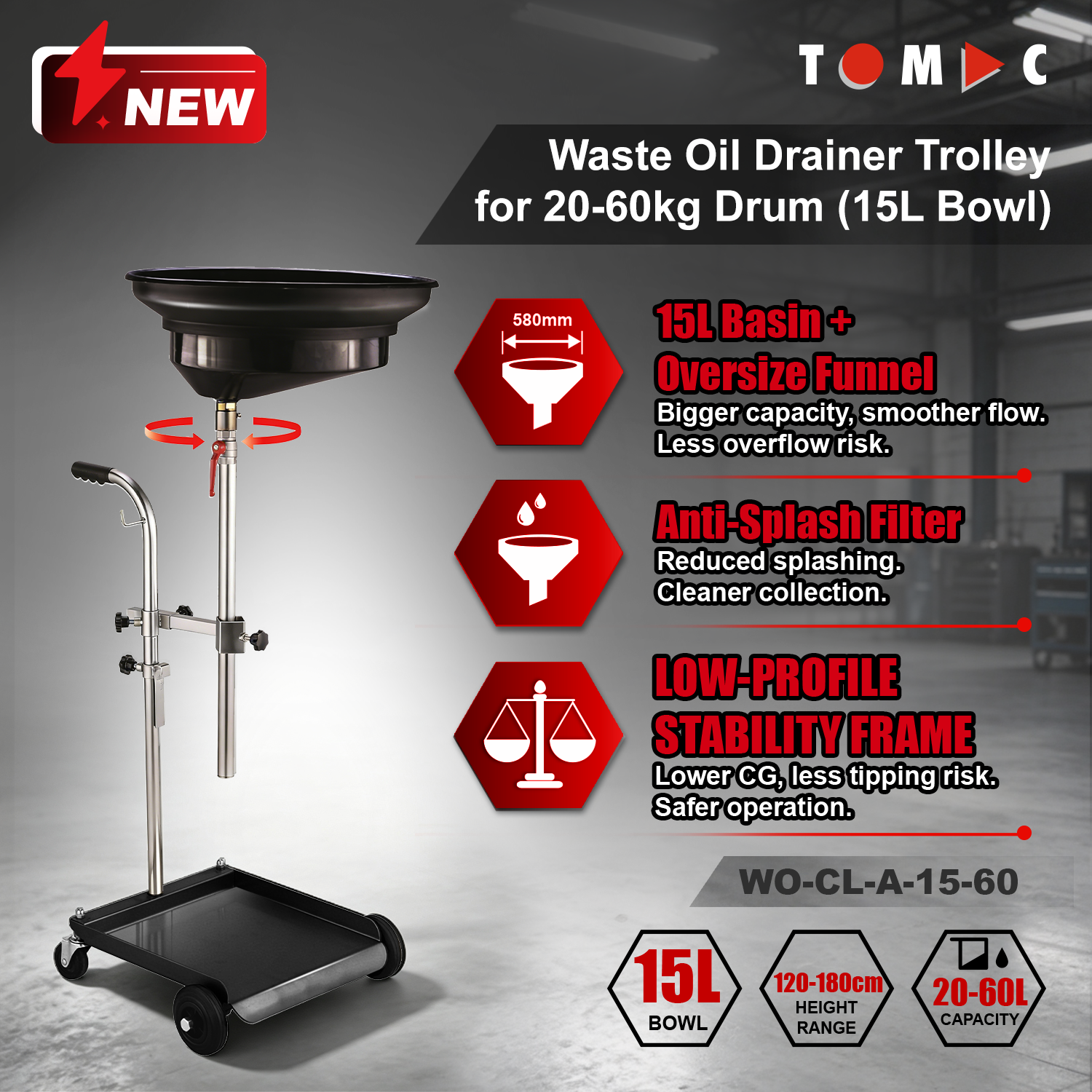 WO-CL-A-15-60 TOMAC Waste Oil Drainer Trolley for 20-60kg Drum with 15L Bowl