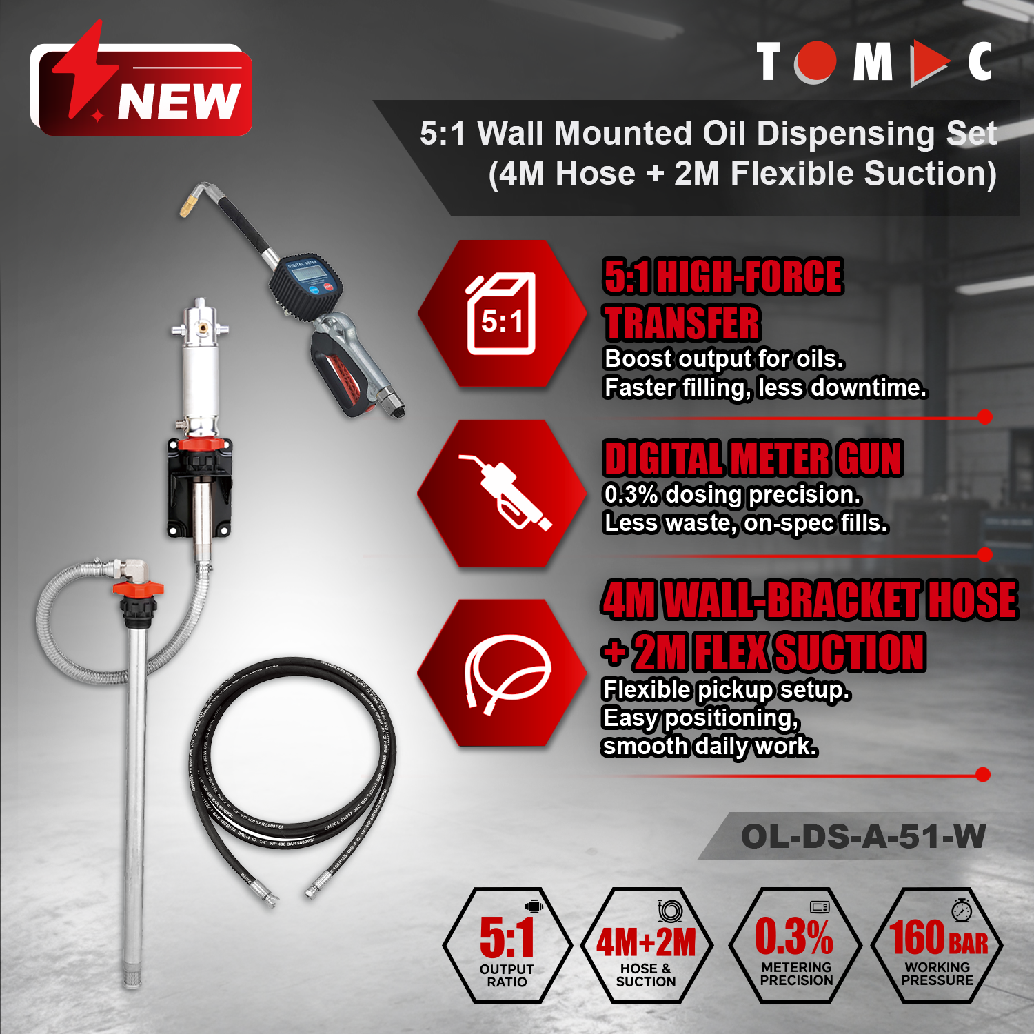 OL-DS-A-51-W TOMAC 5:1 Pneumatic Wall Mounted Oil Dispensing Kit with 4M Hose and Digital Meter Gun