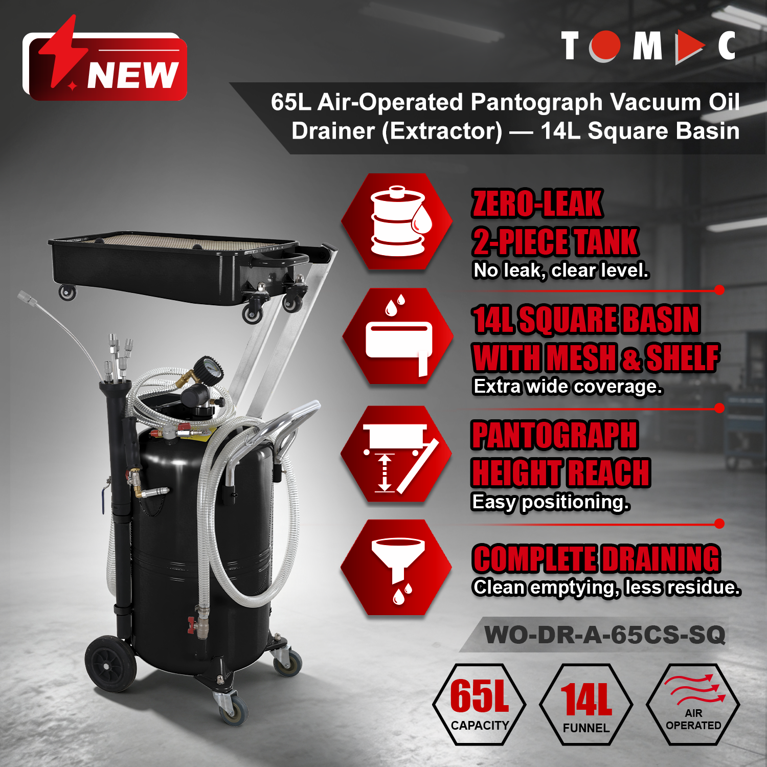 WO-DR-A-65CS-SQ TOMAC 65L Air-Operated Pantograph Vacuum Oil Drainer with Extractor, 14L Square Basin, 2m Steel-Wire Hose, 6pcs Probe Set