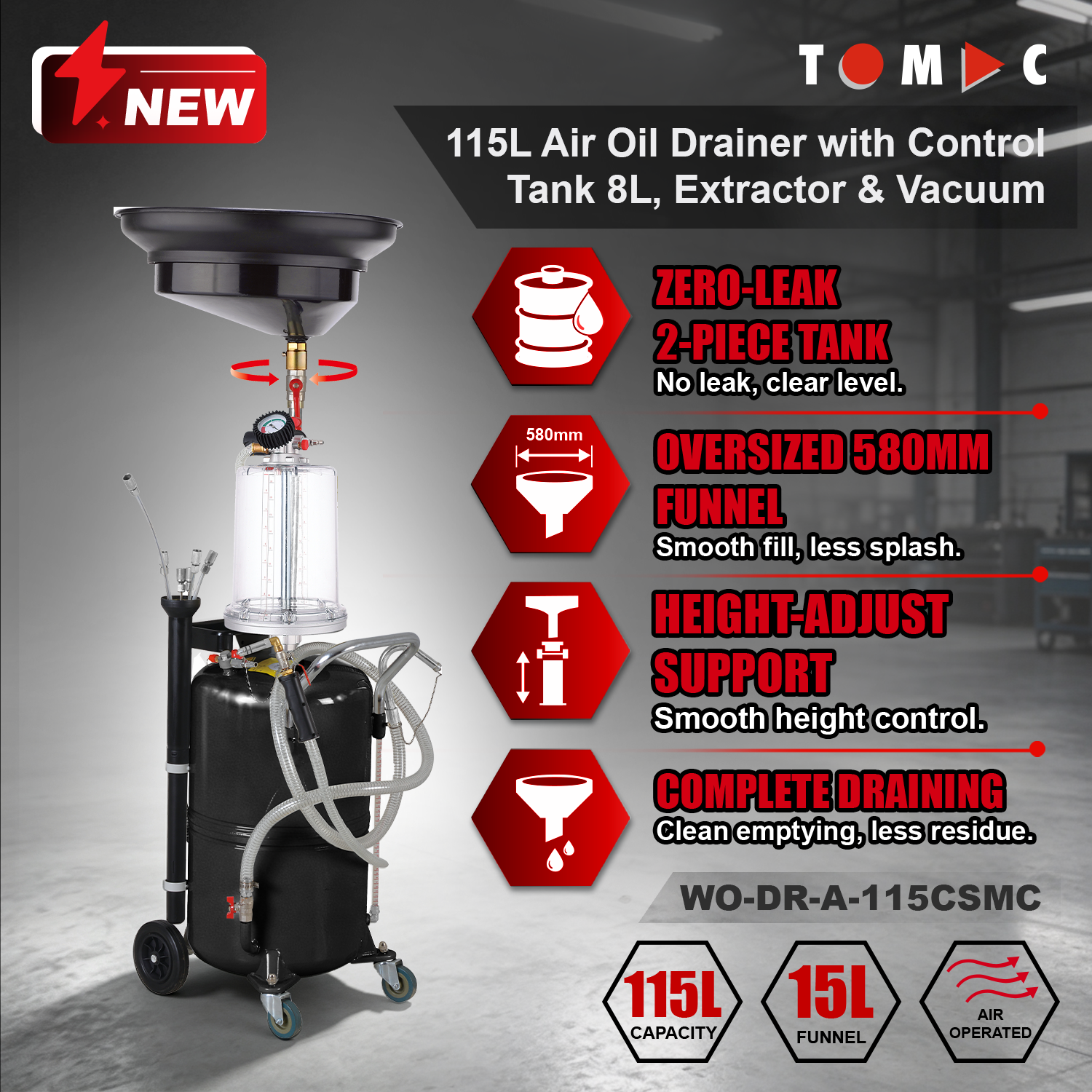 WO-DR-A-115CSMC TOMAC Air-Operated 115L Oil Drainer with Extractor and Control Tank, 8L prechamber, Vacuum Meter, and 15L Steel Funnel