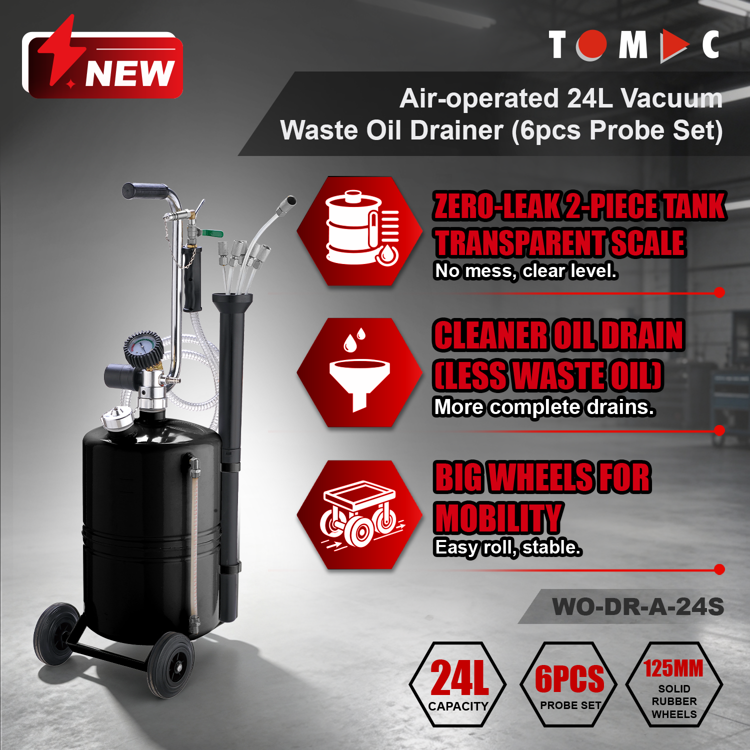 WO-DR-A-24S TOMAC Air-operated 24L Vacuum Waste Oil Drainer with Vacuum Gauge, Transparent Scale Tube & 6pcs Probe Set