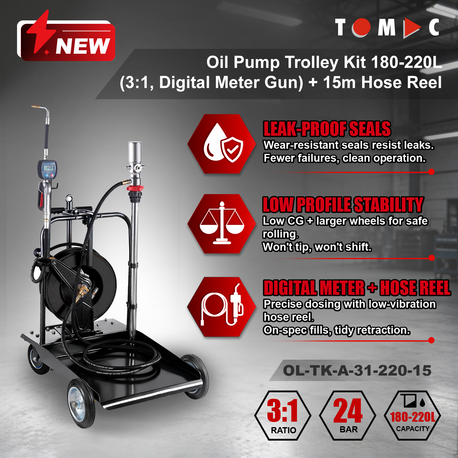 OL-TK-A-31-220-15 TOMAC 3:1 Pneumatic Oil Pump Trolley Kit for 180-220L Drums with 15M Hose Reel and Digital Meter Gun