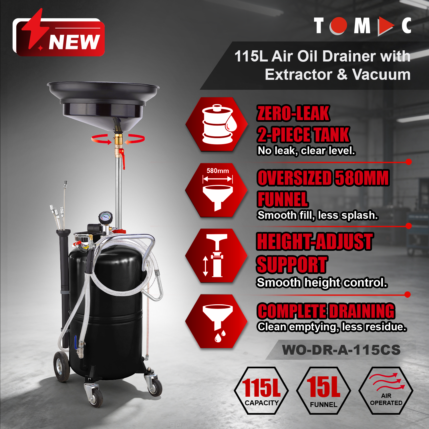 WO-DR-A-115CS TOMAC Air-Operated 115L Oil Drainer with Extractor, Vacuum Meter, and 15L Steel Funnel