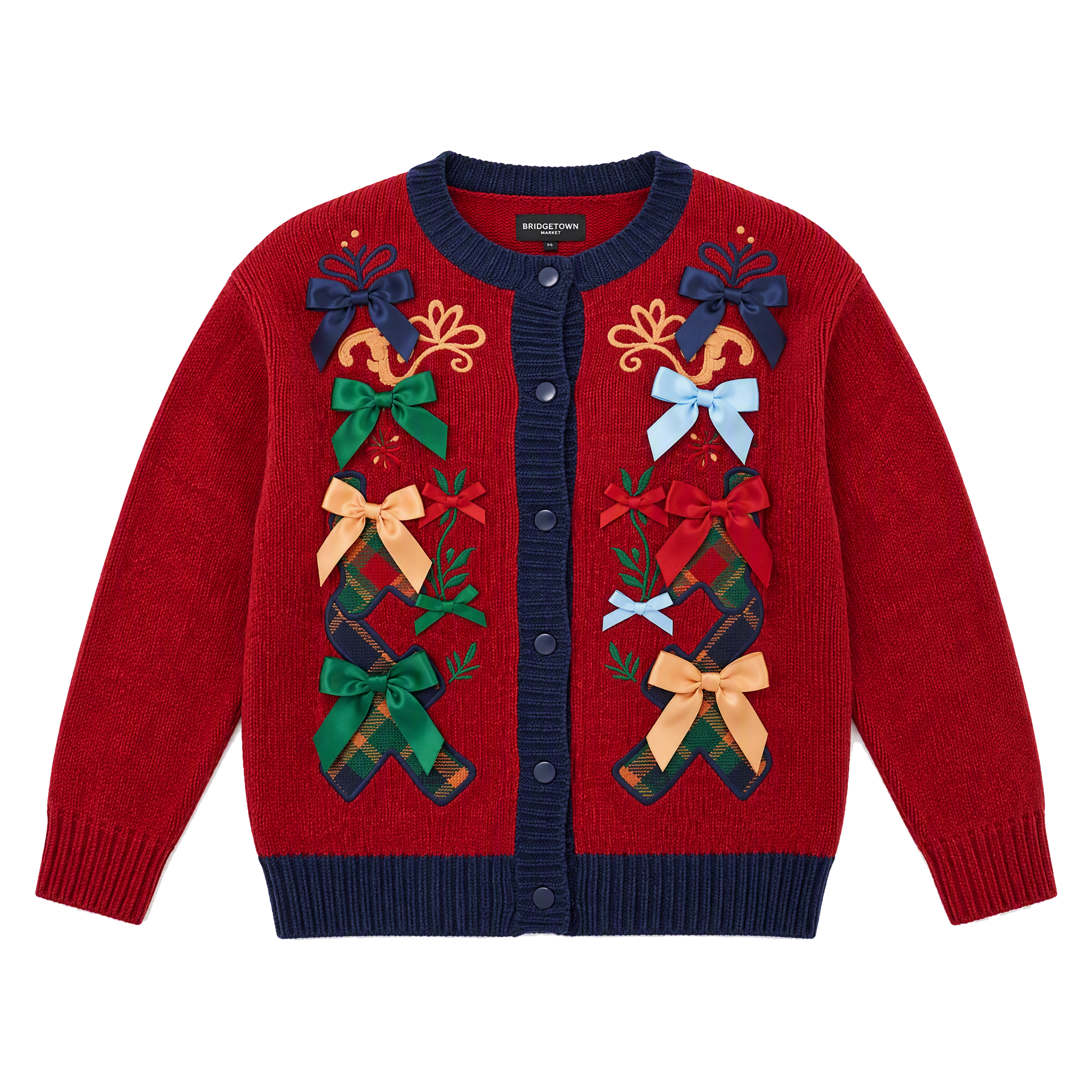 Custom Cotton Christmas Cardigan Applique Embroidery Satin Bow for Layered Holiday Outfits and Event Uniforms