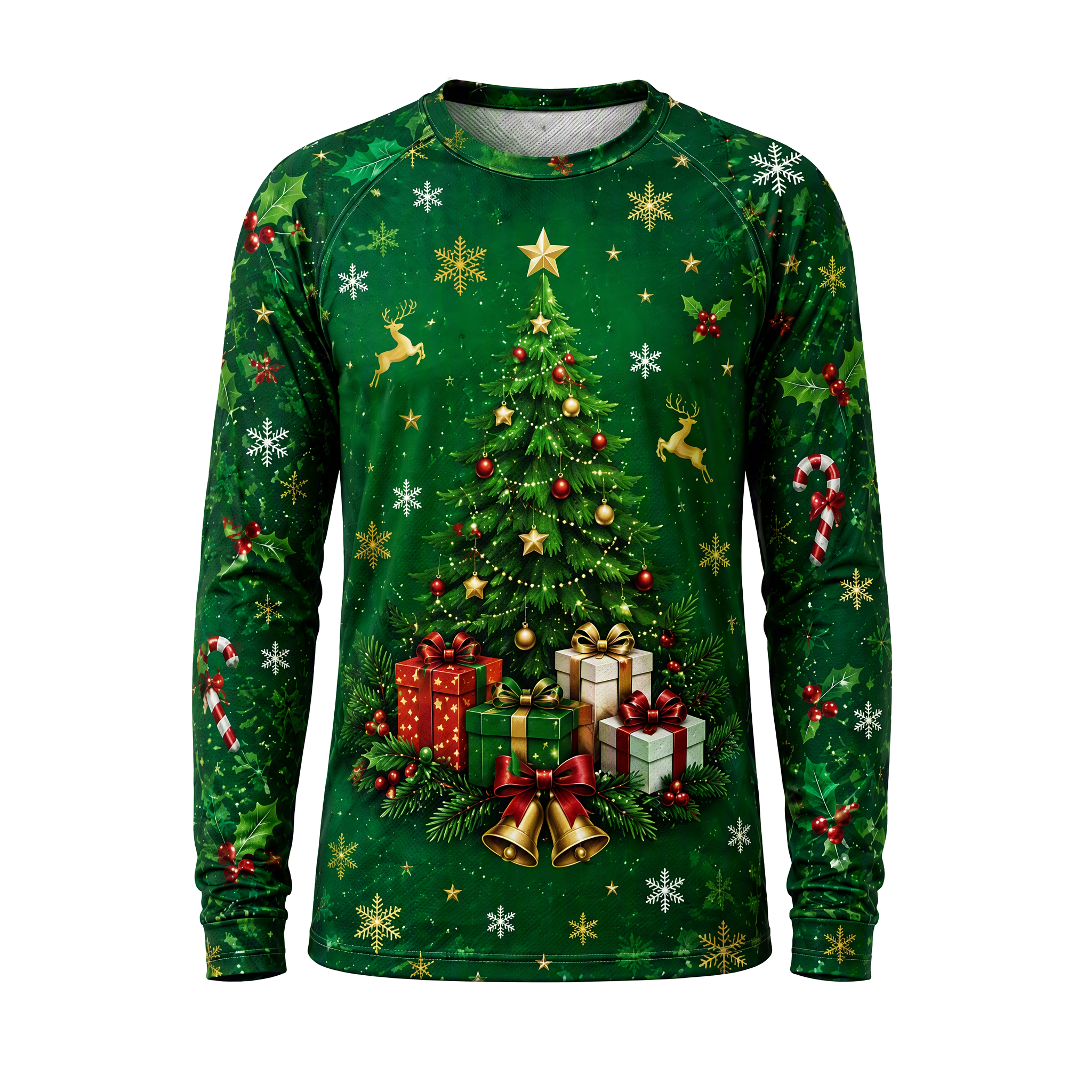 Camiseta unisex de cuello redondo con mangas raglán largas y diseños festivos personalizados para Navidad, adecuada para equipos de marca y proyectos de eventos