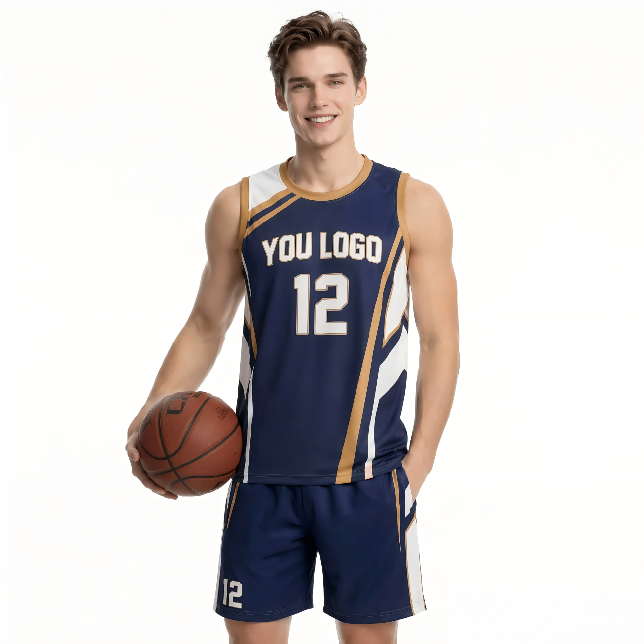 Premium-Basketball-Outfit in Marineblau, Weiß und Gold | Individualisiertes, mit Teamnummer besticktes, schnelltrocknendes Wettkampf-Trikot und -Shorts