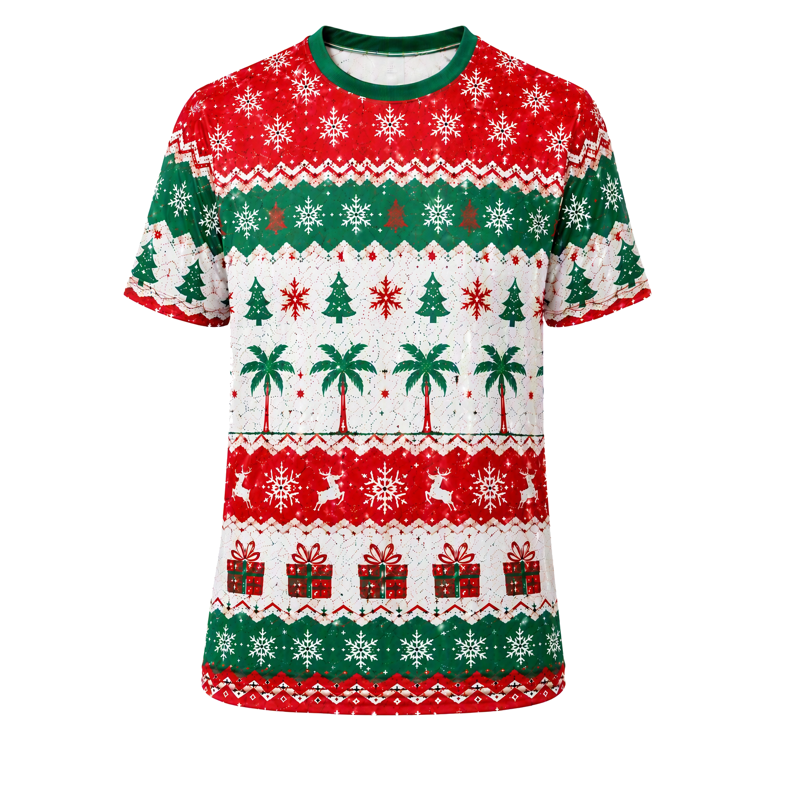Camiseta personalizada de cuello redondo con estampado por sublimación y mangas cortas para Navidad, talla masculina, adecuada para proyectos de ropa festiva y equipos de marca estacionales