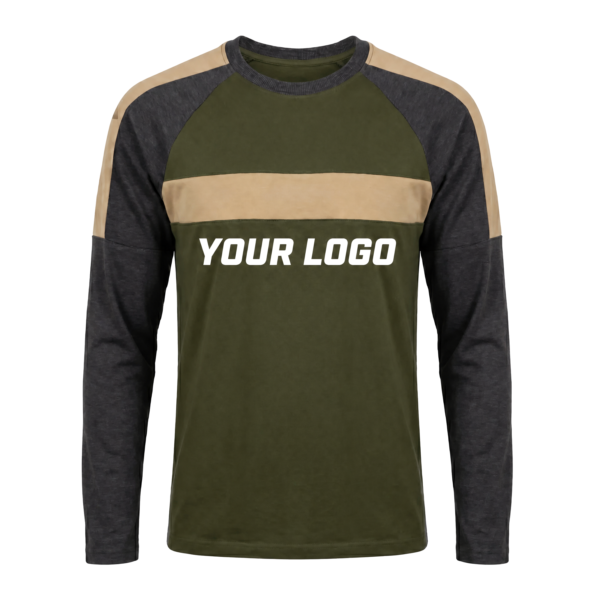 Herren-Trainings-Trikot mit Raglanärmeln in Olivgrün und Farbblock-Design | Mit großem, individuellem Logo