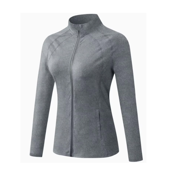 Maglia da fitness sexy con cerniera A135 donna, top yoga manica lunga, top sportivo tinta unita, asciugatura rapida e traspirante, per l'inverno