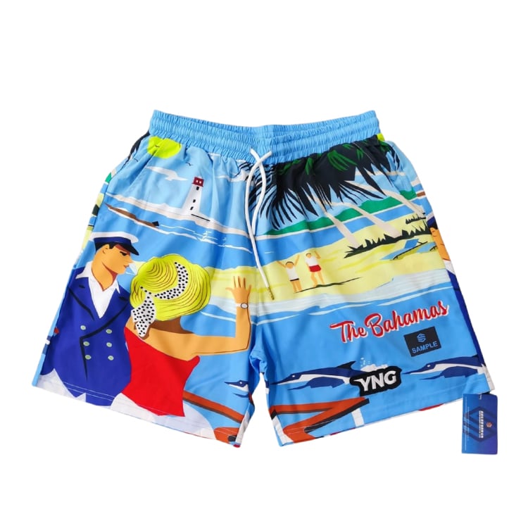 87 Pantaloncini da spiaggia di lusso da uomo, in morbido poliestere elasticizzato con stampa sublimata dai colori vivaci, progettati per comfort e stile nelle destinazioni tropicali