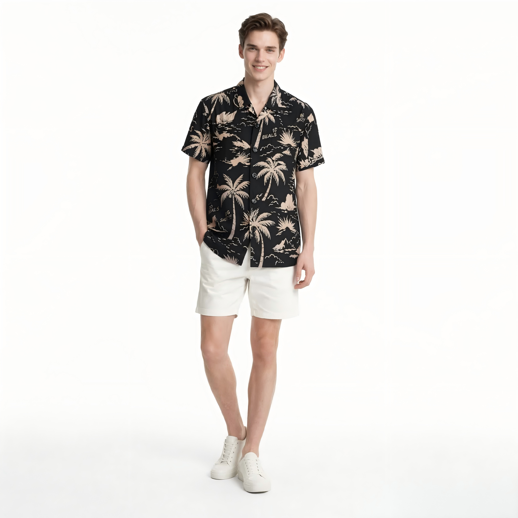 Dunkles Retro-Palmenmuster-Hemd mit kurzen Ärmeln | Modisches Herren-Hemd mit zwei Taschen für den Strand und Freizeit, zum Zuknöpfen