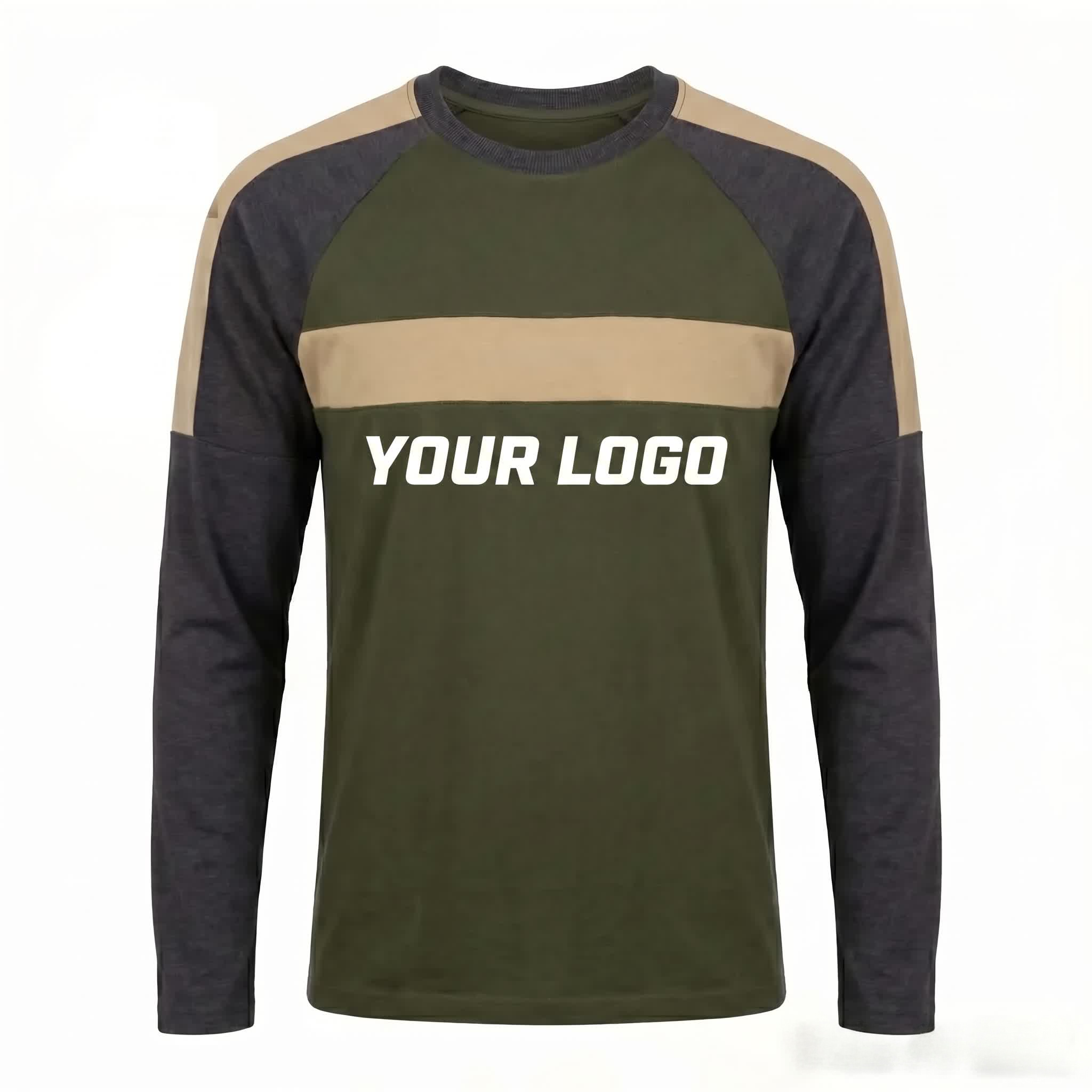 Maglia da allenamento maschile a maniche lunghe con inserti colorati verde oliva e logo personalizzato grande | Maglia top con maniche raglan