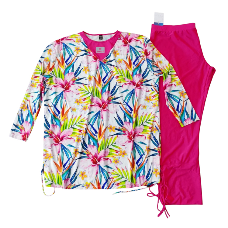 set di abbigliamento protettivo solare con top a maniche lunghe tipo rash guard e pantaloni da bagno coordinati, in tessuto leggero a rapida asciugatura con stretch 4 direzioni, ideale per surf, snorkeling e sport acquatici all'aperto