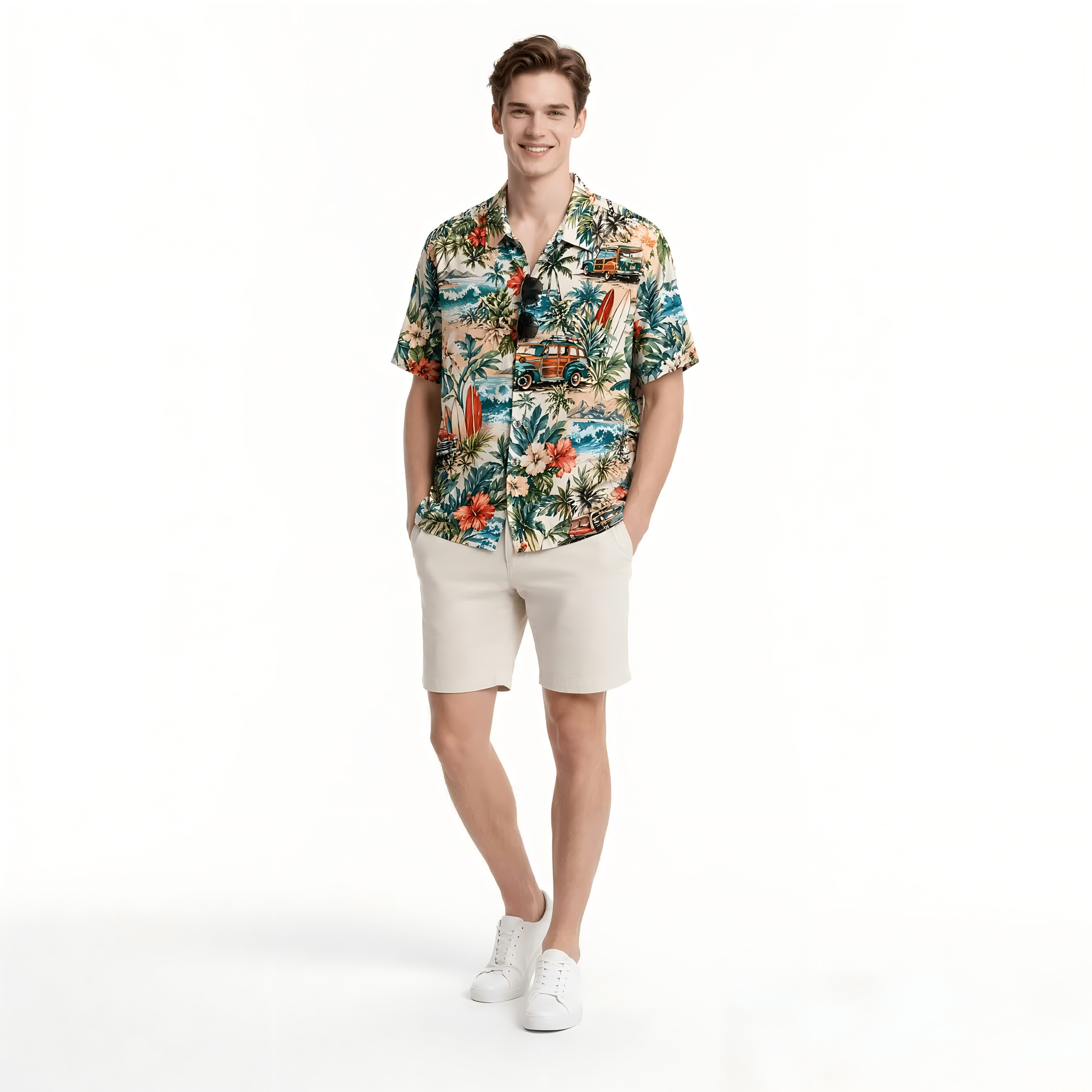 strandhemd aus 100 % Baumwolle mit 3D-Druck | Kurzärmeliges, retro-inspiriertes Oberteil für Herren für Surfer- und Urlaubsstimmung