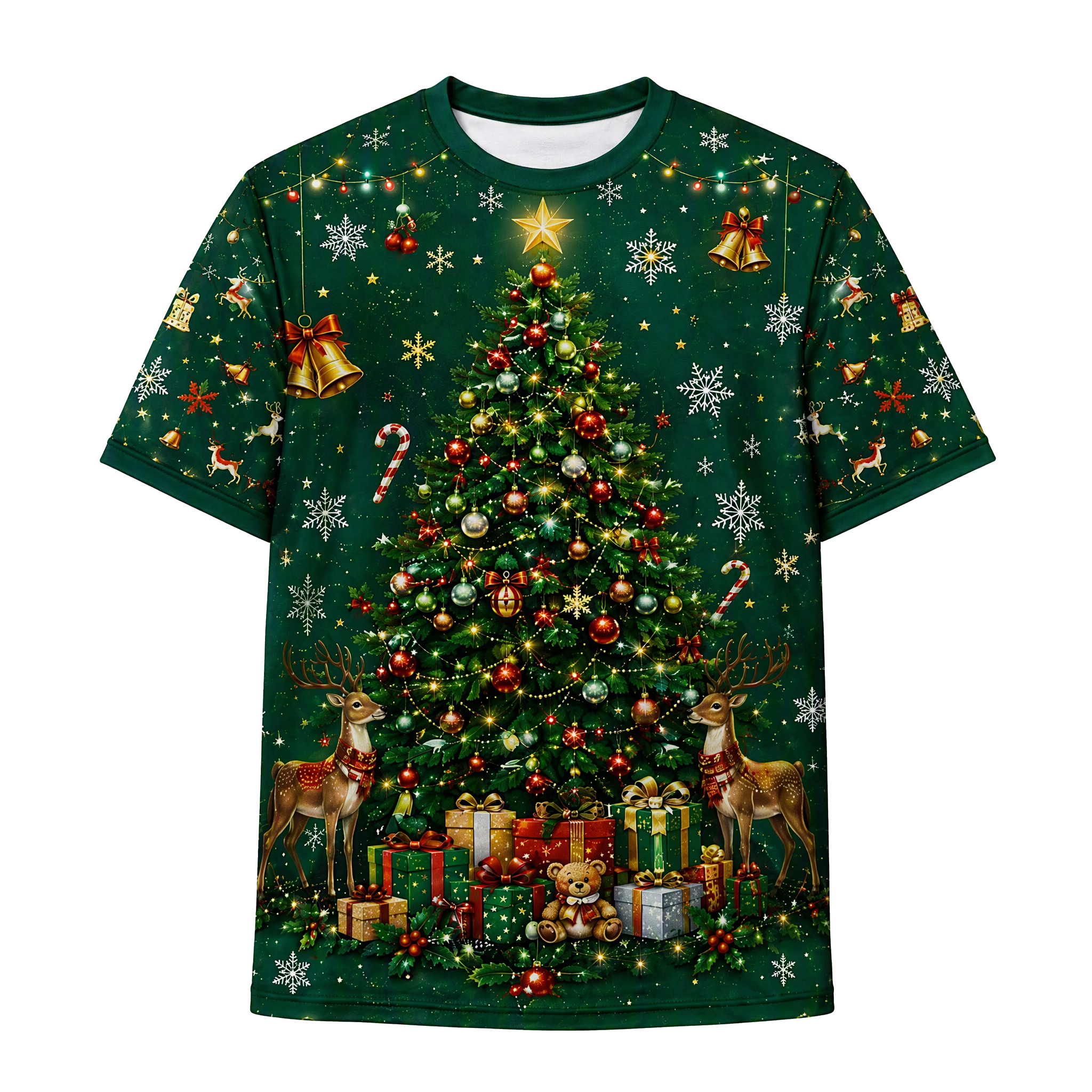 Camiseta de manga corta con cuello redondo personalizada por sublimación para hombres, ideal para programas navideños, colecciones estacionales y equipos de marca