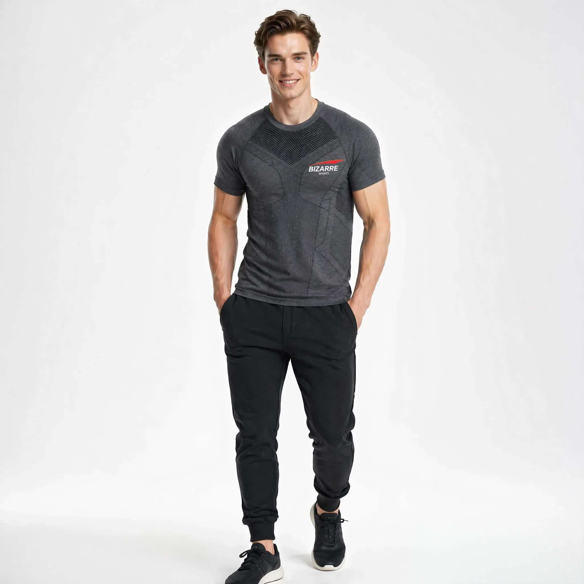 Maglietta sportiva senza cuciture a compressione con coste verticali | Maglia da allenamento in stile raglan ad alta elasticità per uomo