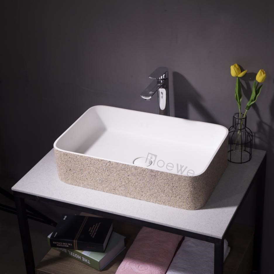 Solid Surface Countertop Wash Basin, Sandstone Exterior, Matte White Inner, Rectangle Sink 60*40cm