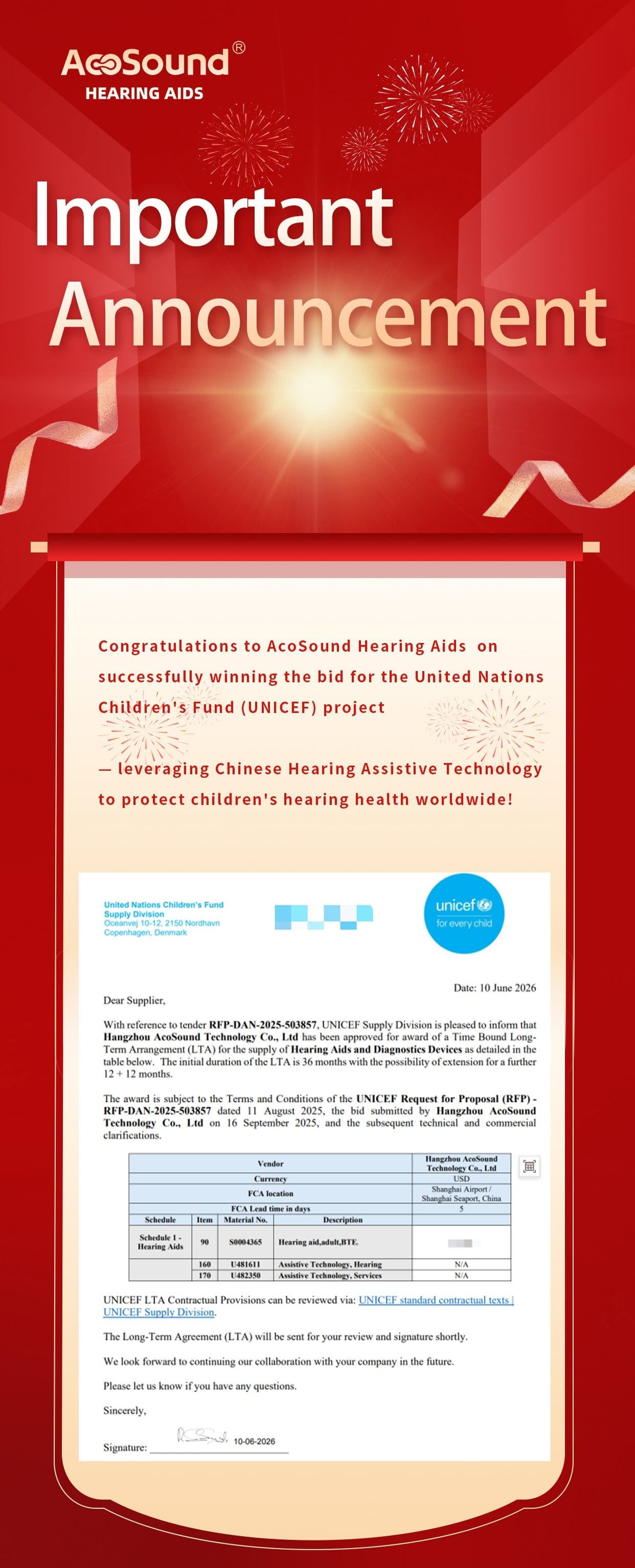 AcoSound Receives UNICEF Bid Award Notice