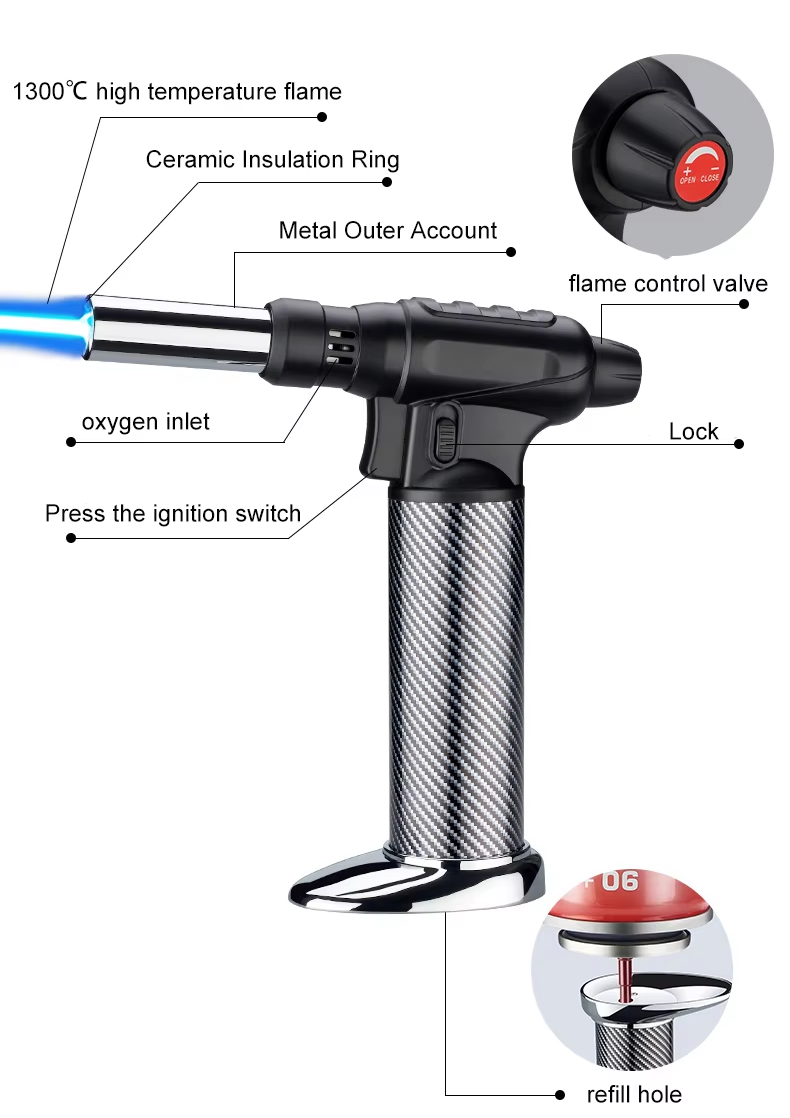 DB-601 High Temperature Concentrated Flame Torch Lighter, Lockable Adjustable Refillable Butane Culinary Torch for Kitchen Baking, Camping & Barbecue11.png