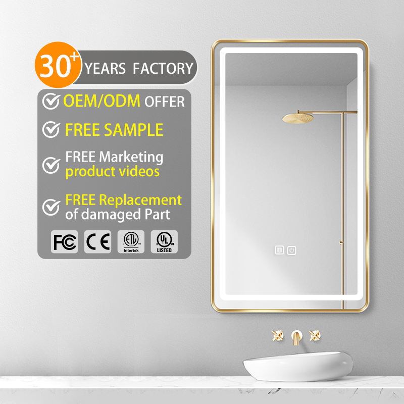 Support Customization Rectangle Smart Gold Frame Touch Screen Light Led Defogger Copper Free Silver Bathroom Mirror