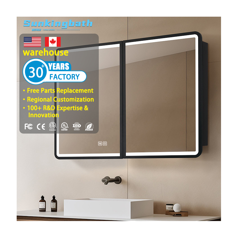 Black Double Door Surface Mount Rectangle Led Medicine Cabinet Aluminum Framed Bathroom Cabinet with Mirror for Hotel