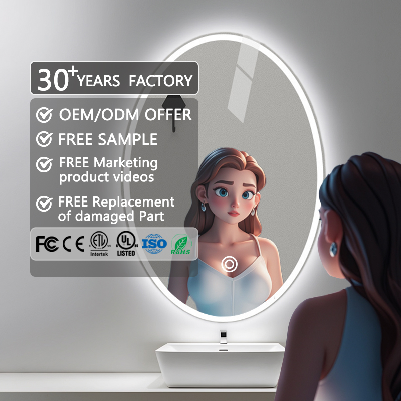 Manufacture Mountable LED Makeup Mirror with Touch Screen 3 Light Modes Bath Toilet Fog Frameless Oval Led  Bathroom Mirror