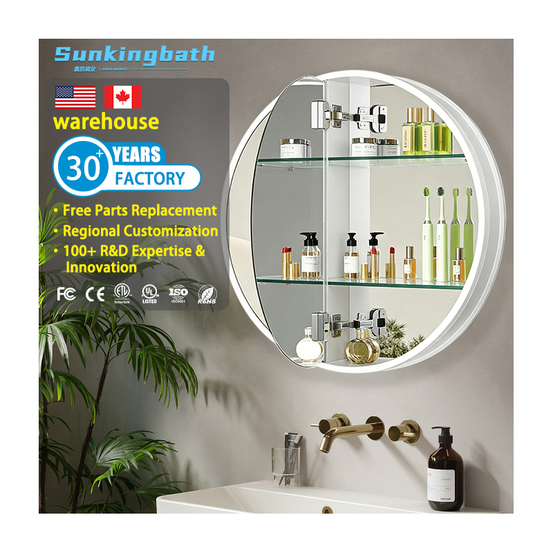 Round 3 Color Lights Medicine Cabinet Anti-Fog Led Medicine Cabinet Defogger bathroom Cabinet Mirror with Lights for Bathroom