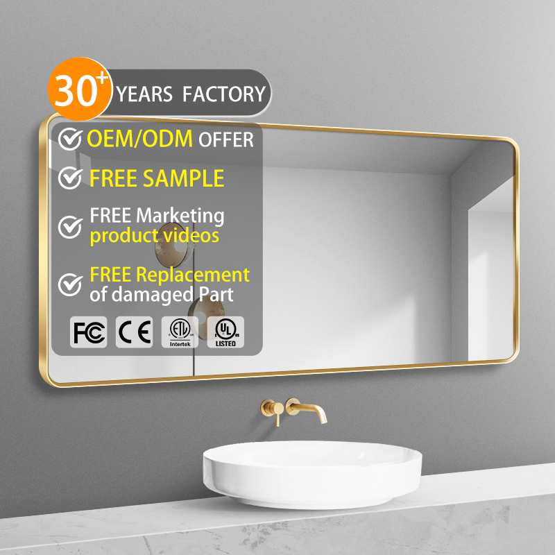 Modern Frame Wall Vanity Rectangle Shape Bathroom Mirror Gold Wall Mounted Metal Frame Big Decorative Mirror