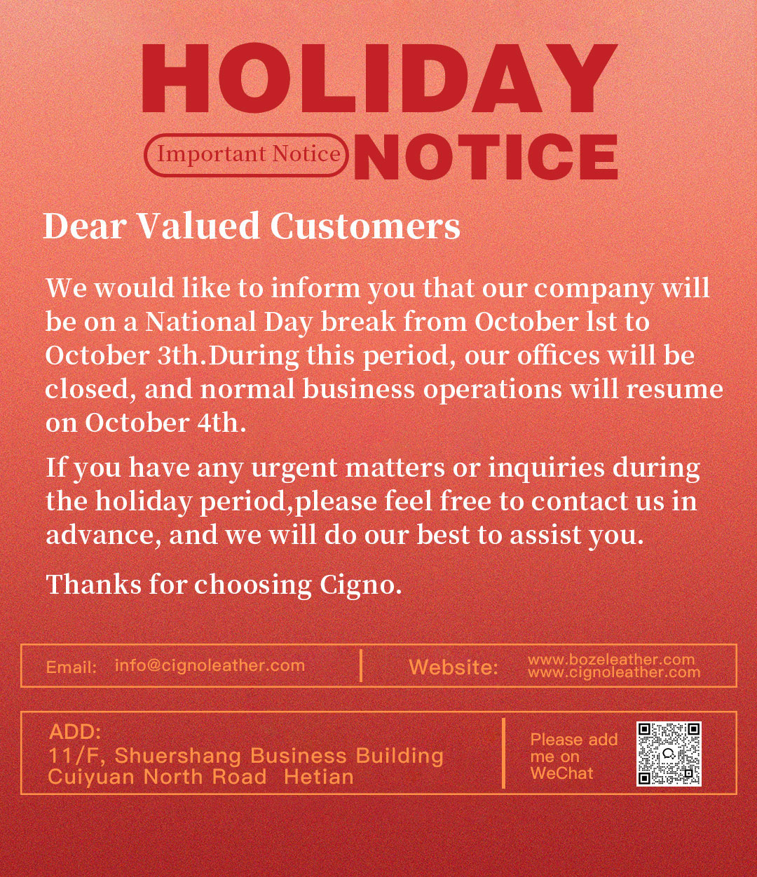 Cigno leather National Holiday Notice