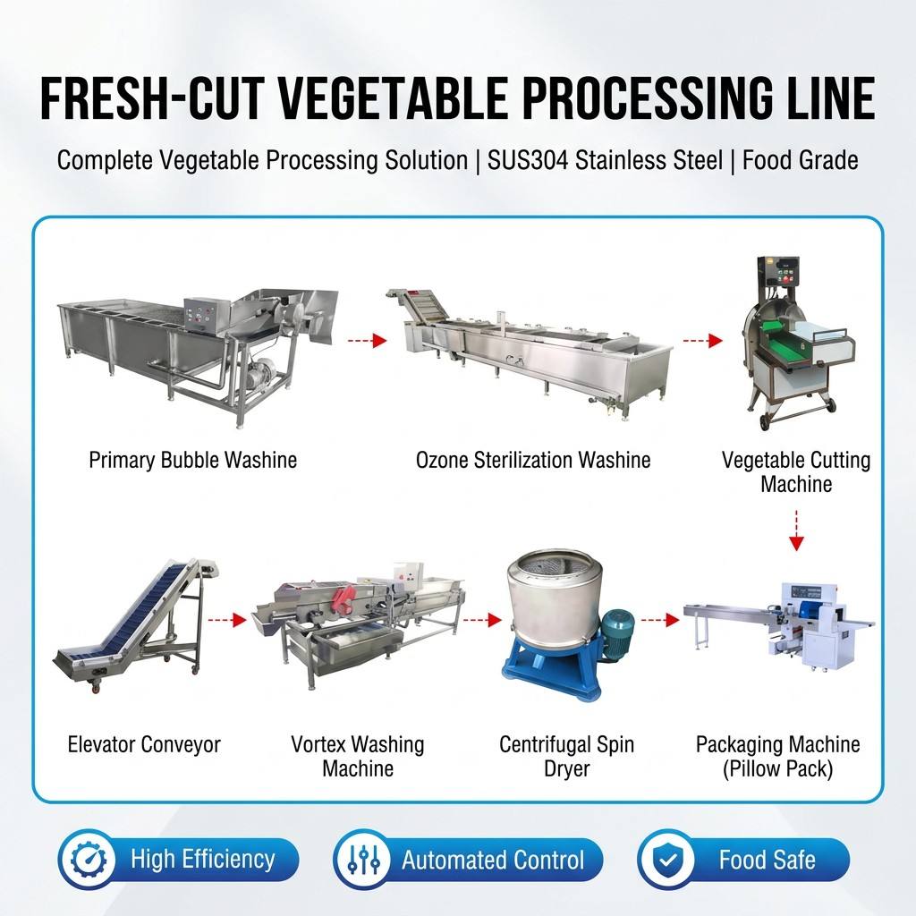 Linha de Produção Automatizada Industrial para Processamento de Vegetais Limpos