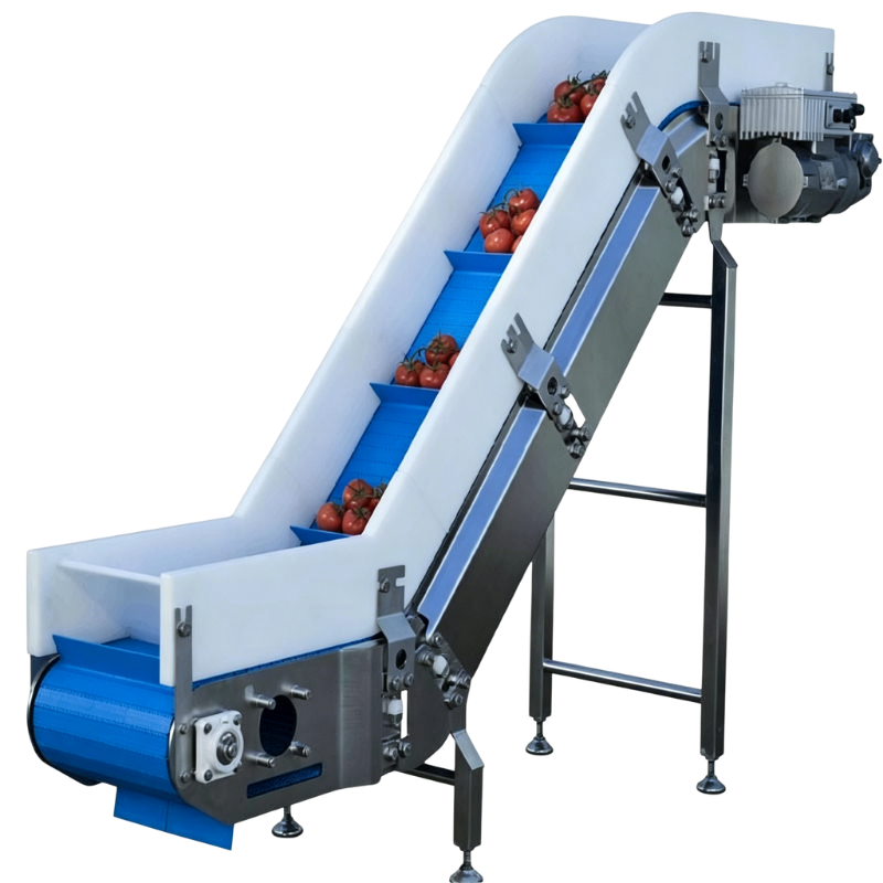 Food-Grade PVC Modular Cleated Incline Conveyor | Vertical Elevator for Fruit Vegetable Processing Line