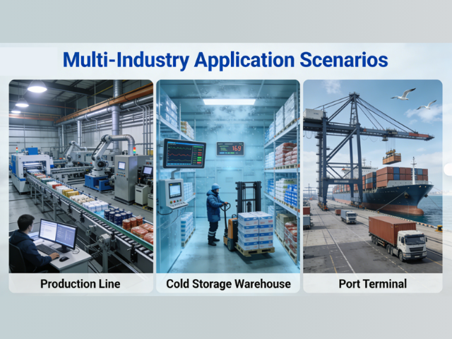  A collage of real-shot images from three typical application scenarios—e-commerce warehouse loading and unloading, industrial product production line conveying, and port cargo transfer. It fully demonstrates the equipment's adaptability across different industries, reflecting its multi-functional and wide-coverage product features.