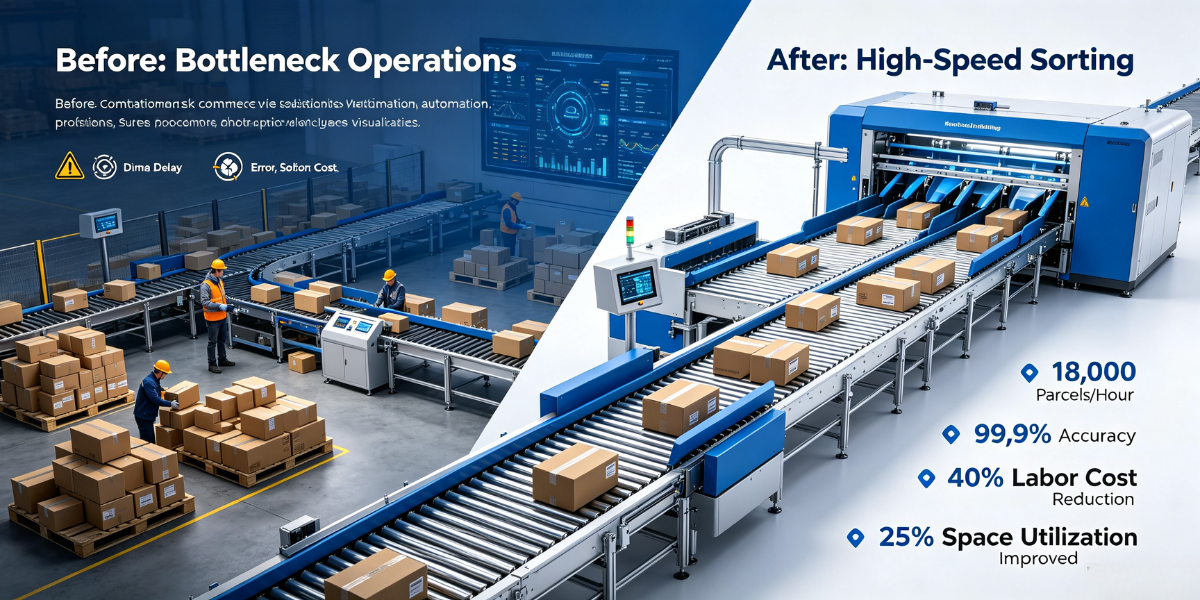 This split comparison graphic contrasts the client’s warehouse operation before and after deploying our custom conveyor & automatic sorting system.
