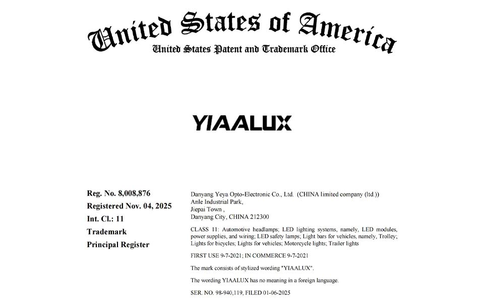 YIAALUX-USA Trade Mark-11 Class-USTM320882--8008876-98940119