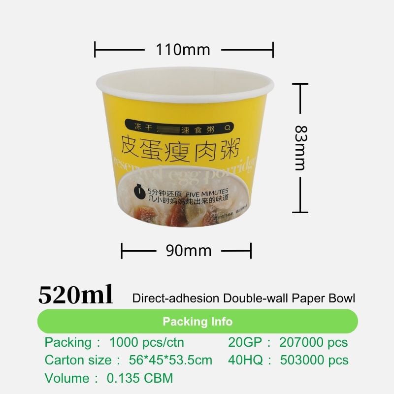 520ml Double Wall Paper Bowl for Porridge with 3 Lid Options