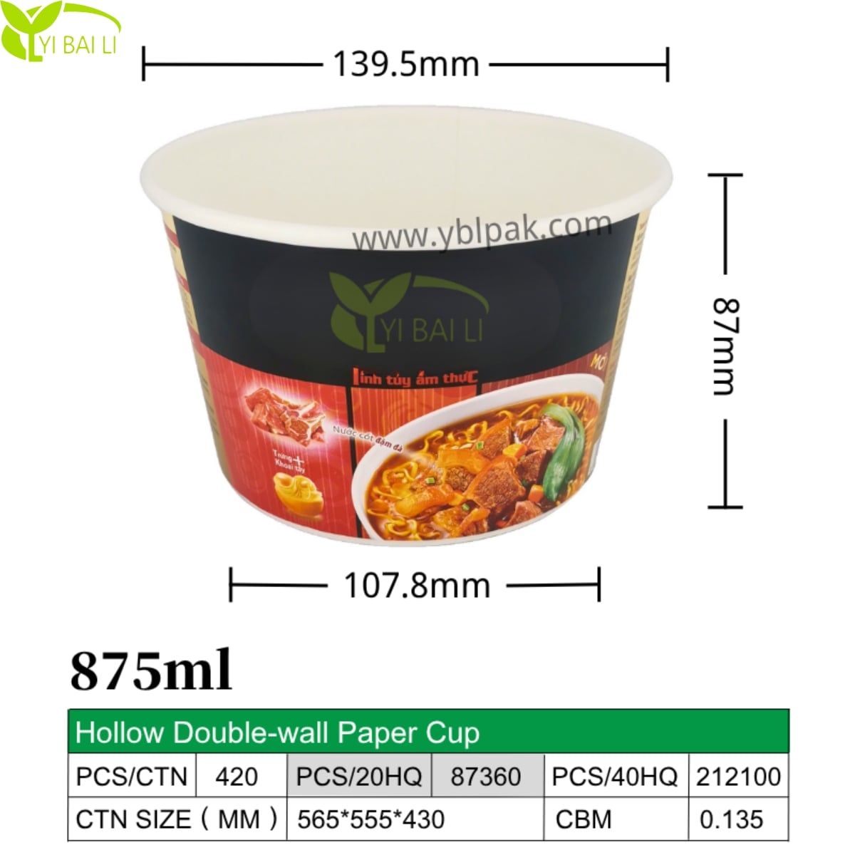 875 ml aukštos kokybės dvigubo sienos popieriniai dubenėliai karštai rameno sriubai | patikima šilumos sandarinimo uždarymo sistema | vietinės vietnamietiškos greitosios virtuvės kepabulvių makaronų prekė