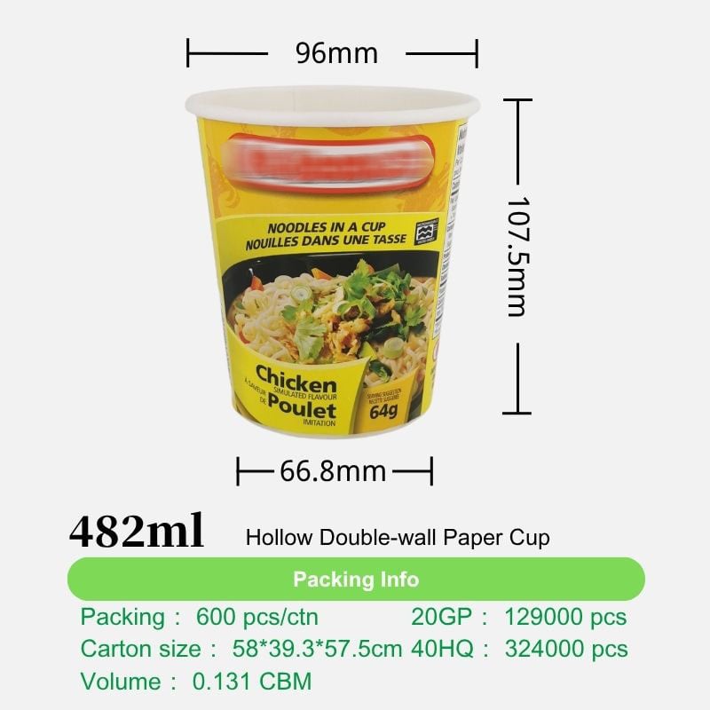482ml Double Wall Paper Cups with Printed Heat-Sealing Lid | Custom Logo Instant Noodle Soup Bowls
