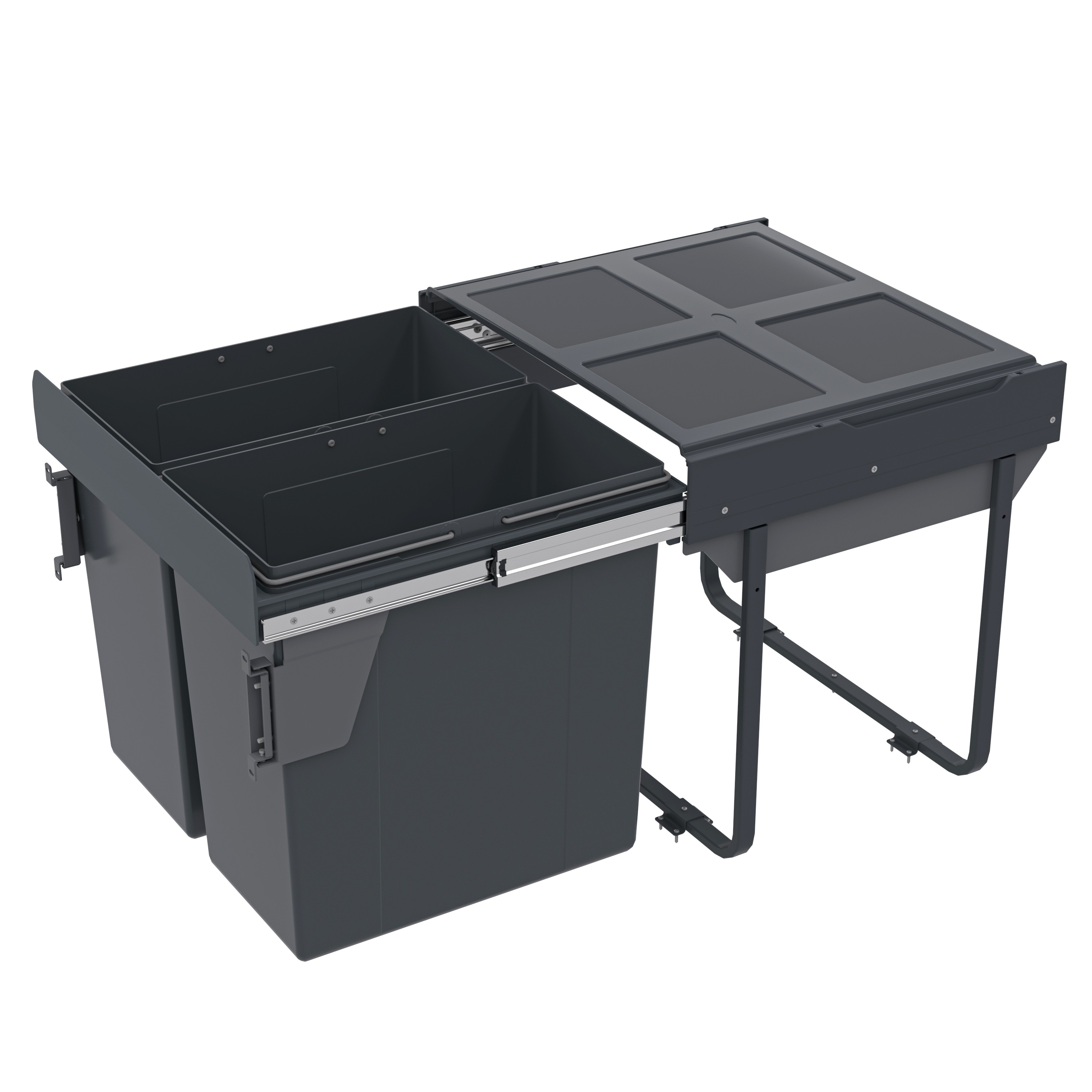Pull Out Trash Can 90L (2x45L) Grey PP Bins, Soft-Close, Floor Mount, Heavy-Duty