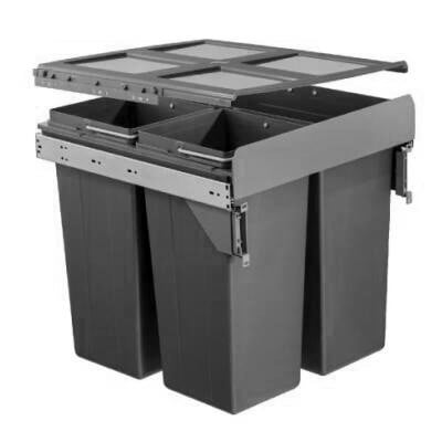 Pull Out Trash Can 60L (2x15L+30L) Grey PP Bins, Soft-Close, Side Mount
