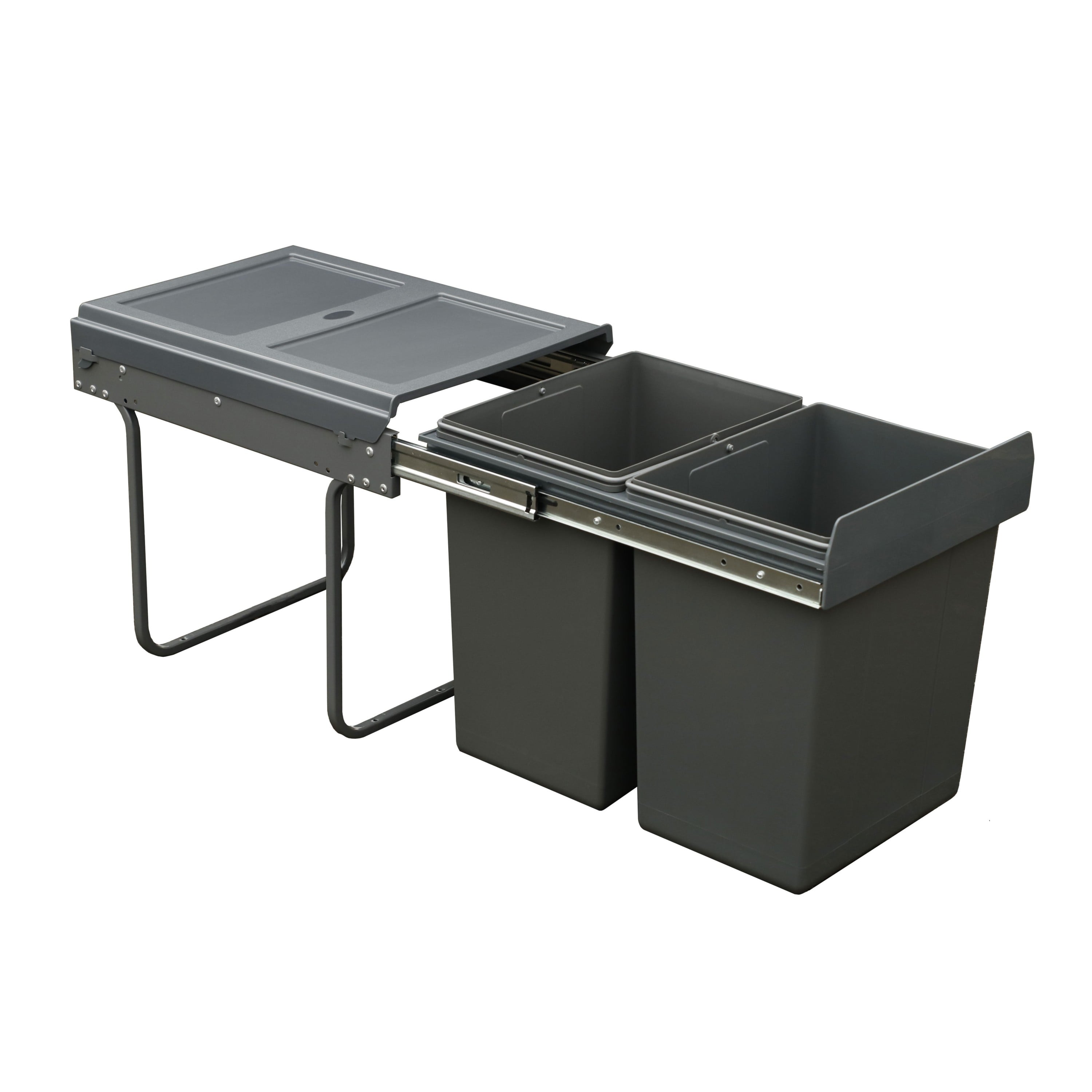 20L+20L Double Grey PP Pull-Out Trash Can with Soft-Close Runner, Floor-Mounted, Odor-Resistant, Easy Clean