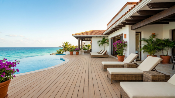  A typical Mexican Pacific-coast resort terrace finished with light teak co-extrusion WPC decking — slip-rated for wet pool environments and engineered to resist UV index 11+ exposure year-round.