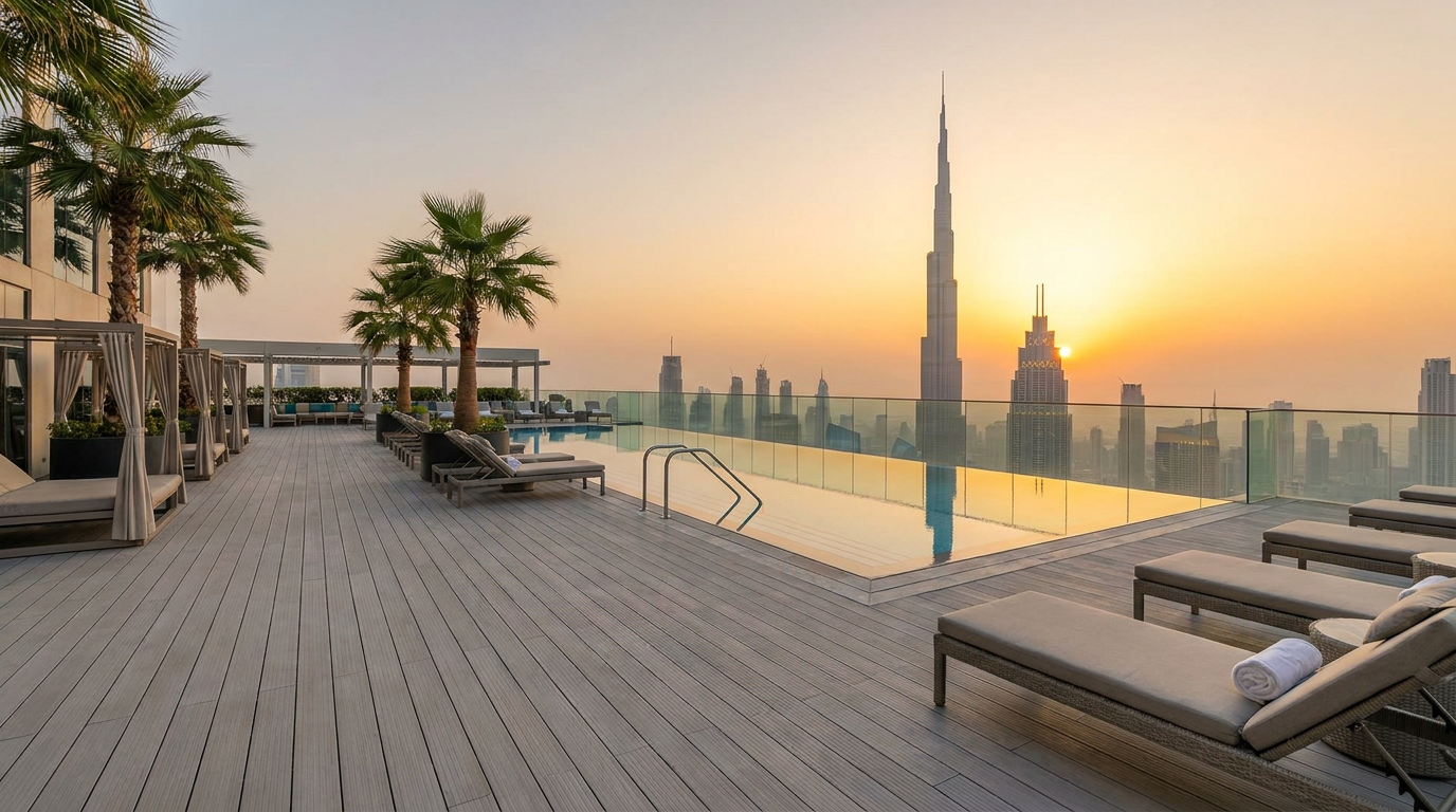 A high-end residential rooftop in Dubai Marina featuring Naturwing’s Heat-Shield Co-extrusion WPC. The sand color is specifically selected to minimize solar absorption in the 45°C+ UAE summer